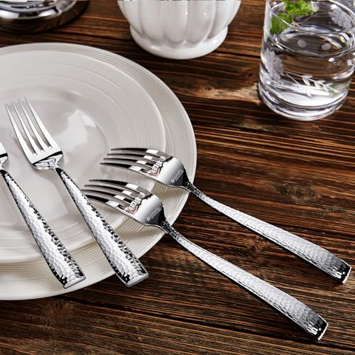 KEAWELL Premium Louis 4-Piece Hammered Dinner Forks (4, 8.3" Dinner Fork) | 18/10 Stainless Steel Dinner Forks; Hammered Squared-Edge Handles; Smooth, Rounded Edges for Comfort; Dishwasher Safe - size: 8.3" Dinner Fork