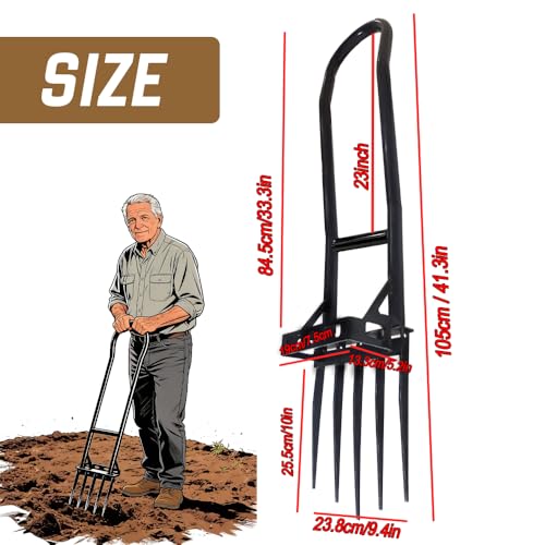 Heavy Duty Garden Broadfork 46 Inch, 5-Tine Manganese Steel Garden Fork with U-Shaped Dual Handle, Ergonomic Labor-Saving Garden Tool for Soil Loosening, Weeding, Aeration, Composting, Transplanting