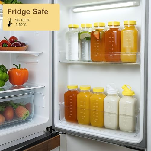 16 oz Glass Milk Bottles with Pour Dispenser, Reusable Juice Bottles with Airtight Lid for Fridge, Glass Pitchers with Scale, Gift for a New Mother - size: 4 pack