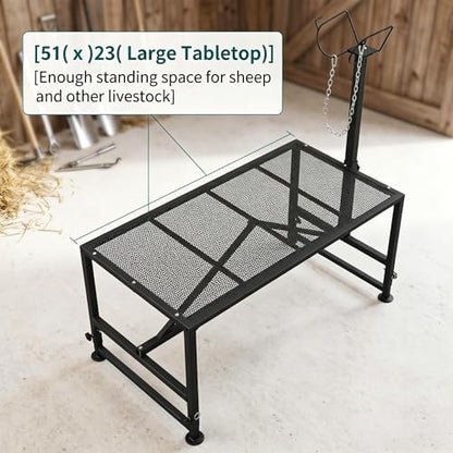 Sheep Stand 51"x23" 900 lb Capacity, Adjustable Height 21"-33" Goat Stand for Trimming Hooves and Milking, Metal Stand with Headpiece and Nose Loop – Black