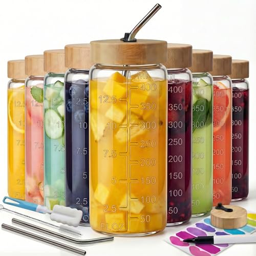16 oz Round Glass Juice Bottles with Airtight Bamboo Lids, Reusable 9 Pack - color: 16oz - 9 Pack