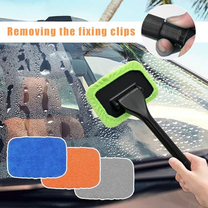 Ohleats Car Windshield Cleaning Tool, Microfiber Window Cleaner with 4 Washable and Reusable Cloth Pad & Long Handle, Auto Glass Wiper Cleaning Kit with Spray Bottle, Car Accessories - size: 6×4 inches