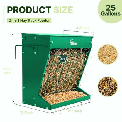 Wall Mount Hay Rack And Hay Feeder For Goats Sheep And Horses, Covered Galvanized Steel Goat Hay Feeder With Hinged Roof, 25 Gallon 2-In-1 No Waste Hanging Holder Grain Bin with hook For Cattle - color: Green