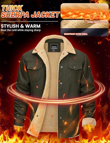 KEFITEVD Men's Winter Fleece Jacket Sherpa Lined Warm Cargo Trucker Coat - color: Army Green, size: Medium