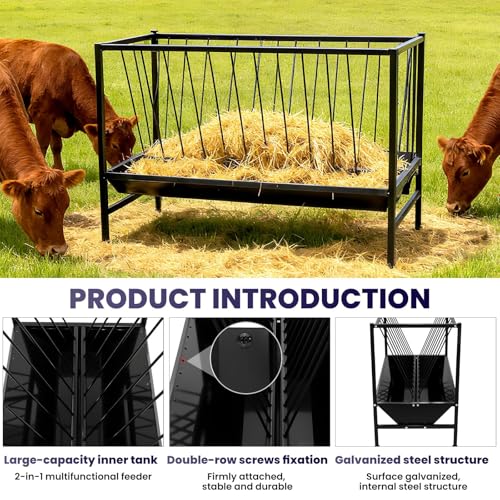 70 Gallon Hay Feeder with 25 Gallon Feed Pan, Heavy-Duty Steel Livestock Hay and Grain Feeder for Goats, Sheep, Calves, Cattle and Horses, Easy Assembly for Barn or Pasture