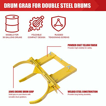 Forklift Double Drum Grabber, 2000 lbs Capacity Dual Drum Handler for 55 Gallon Steel & Plastic Barrels - color: Double Drum Grab