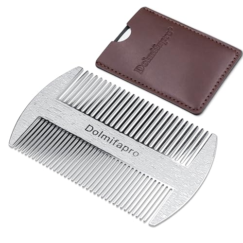 304 Stainless Steel Pocket Beard Comb for Men, Anti-Static Dual Fine Coarse Teeth Ultra-Thin Mustache Hair Grooming Comb with PU Leather Case (silvery) - color: silvery