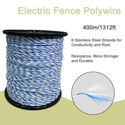 Electric Fence Wire, 1312 Feet 400 Meters with 6 Stainless Strands, Good Rust Resistance and Conductive Poly Wire for Farm Fence, UV Resistant, Portable Livestock Fencing, Poly Wire Rope Line - size: 1312FT/400M