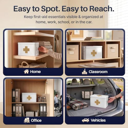 Flexzion Large Metal First Aid Box Empty, 13-Inch, White with Gold Cross - color: White - Gold Cross, size: 13 Inch without Latch Lock