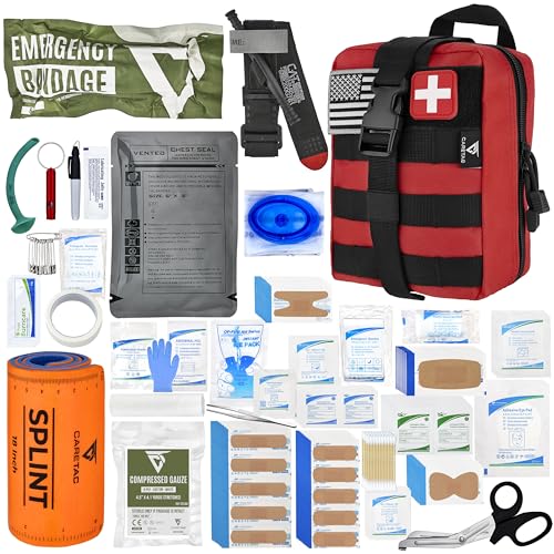 CareTac IFAK Trauma & First Aid Kit with CAT Gen 7 Tourniquet – Military-Grade Tactical Medical Kit Includes Israeli Bandage, Chest Seal, Splint & CPR Mask for Bleed Control, Gunshot Wounds & More - color: Red