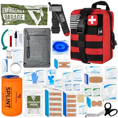 CareTac IFAK Trauma & First Aid Kit with CAT Gen 7 Tourniquet – Military-Grade Tactical Medical Kit Includes Israeli Bandage, Chest Seal, Splint & CPR Mask for Bleed Control, Gunshot Wounds & More - color: Red