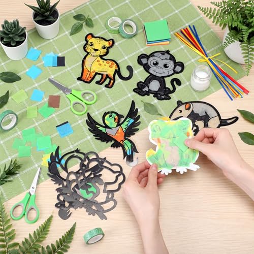 AmazingSpark 30 Pcs Rainforest Suncatcher Craft Kit, VBS Animal DIY | 6 Jungle Animals Tissue Paper, Stained Glass Effect for Summer Church Activities, Bulk Kids Classroom Art Projects - style: Rainforest Animals