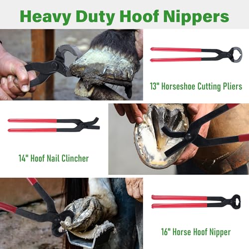 lukar 8PCS Farrier Tools Kit Horse Hoof Trimmers Set | with 16" Horse Hoof Nipper, 13" Horseshoe Cutting Pliers, 14" Hoof Nail Clincher, Hoof Hammer, Hoof Knife, Rasp File, Brush