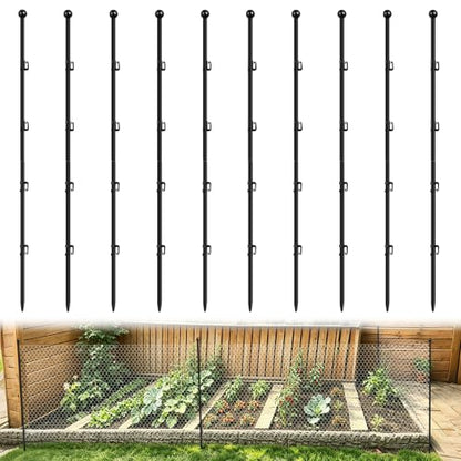 4FT Metal Fence Posts 10 Pack, Garden Lawn Wire Fencing Stakes | Easy Setup, Adjustable U-Clips & Segmented Structure Fit All Wire Fences Spray Coated to Resist Rust and Water