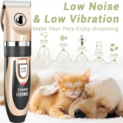 Ceenwes Dog Clippers Low Noise Pet Clippers Rechargeable Trimmer Cordless Grooming Tool Professional Dog Hair Trimmer with Comb Guides Scissors for Dogs Cats & Others（Gold）