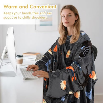 Catalonia Wearable Blanket with Sleeves for Women & Men, Fleece Wrap Throw - color: Gray Dog