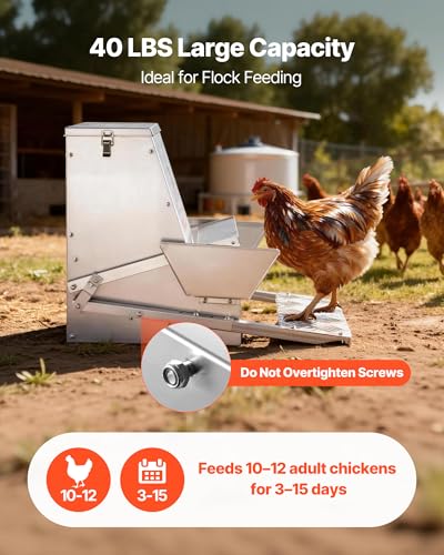 VEVOR Automatic Chicken Feeder, 40 lbs Capacity, Rainproof Treadle Poultry Feeder with Lockable Lid, No Waste, Galvanized Steel Construction, Outdoor Use, for Chicken, Bantams, Poultry, Pheasants
