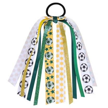 Soccer Ponytail Hair Ribbon Streamer,Yellow Green Sports Elastic Hair Tie Streamer,Football Ribbon Pony Holder for Girls Women Cheerleader Fans School Team Player Party Favor Gifts - color: Soccer-B