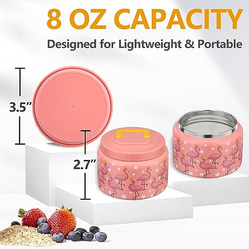 PIQUEBAR 8oz Kids Thermo for Hot Food,Small Lunch Thermo Food Container Stainless Steel,Easy Open Wide Mouth Thermo for Hot Cold Food for Preschool Travel - color: Pink Flamingos