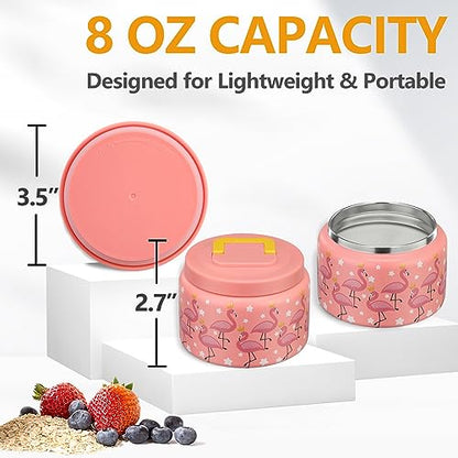 PIQUEBAR 8oz Kids Thermo for Hot Food,Small Lunch Thermo Food Container Stainless Steel,Easy Open Wide Mouth Thermo for Hot Cold Food for Preschool Travel - color: Pink Flamingos