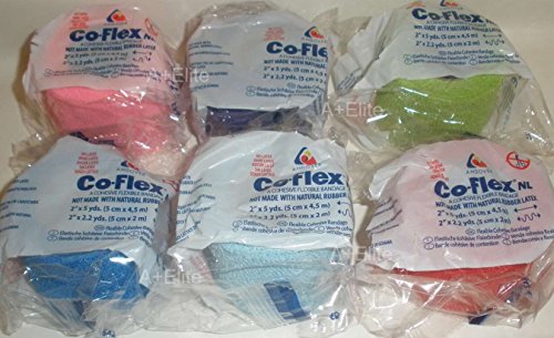Andover CO-Flex NL 2"x5Yds Color 6-Pack Cohesive Flexible Elastic Latex Free Bandage Compression Self Adherent Wrap Bright Neon Purple Yellow Blue for Children Animals Pets Cats Dogs Horses 5200CP