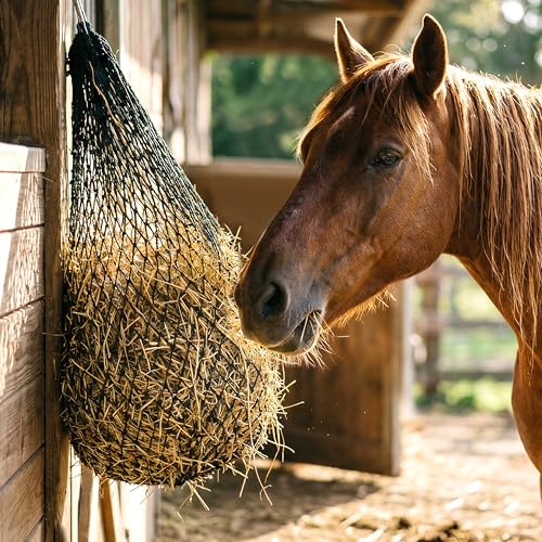 FRUITEAM Hay Nets for Horses, Heavy Duty Hay Bags with 2" Hole, Durable Hanging Hay Net for Goat Sheep, Slow Feed Hay Net with Upgraded Anti-Biting Nylon Rope (30" Length)