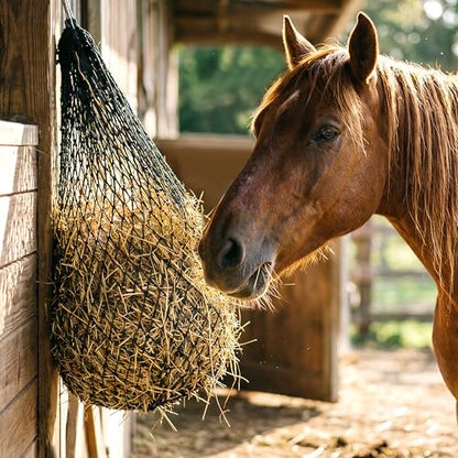 FRUITEAM Hay Nets for Horses, Heavy Duty Hay Bags with 2" Hole, Durable Hanging Hay Net for Goat Sheep, Slow Feed Hay Net with Upgraded Anti-Biting Nylon Rope (35" Length)