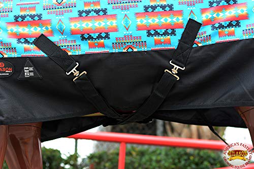 Waterproof Horse Turnout Sheet Hilason 1200D Rip-Stop Lightweight Rain Sheet with Belly Wrap Taffeta Lining Shoulder Gussets - color: Turquoise Aztec With Black, size: 66 in