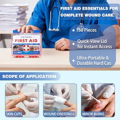 Mini First Aid Kit - 150 Pieces, All-Purpose Portable - color: Red