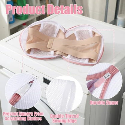 9 Pieces Bra Washing Bags for Laundry - Mesh Lingerie Wash Bags with Zipper, Soft Polyester Delicates Protector for Bras, Underwear, Socks, and Travel Storage (White & Pink, 6.3" x 5.5")