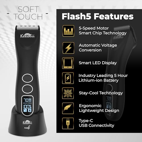 Kenchii Flash 5 Pet Grooming Clipper, Matte Black, 5-in-1 Blade, LCD - color: Matte Black