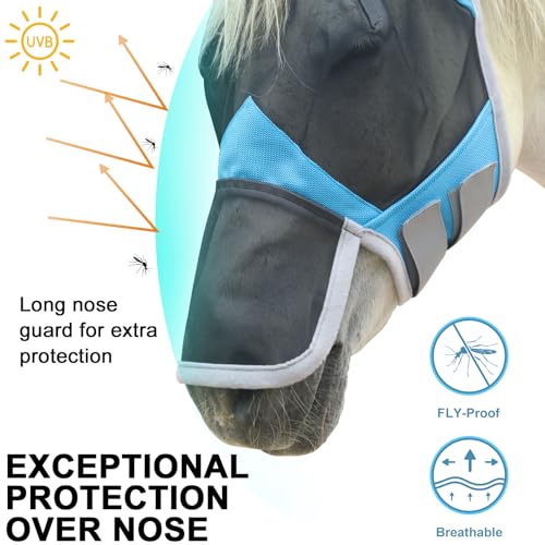 Horse Fly Mask with Ears & Long Nose, Fine Mesh Pale Blue Full - color: Pale Blue, size: Full