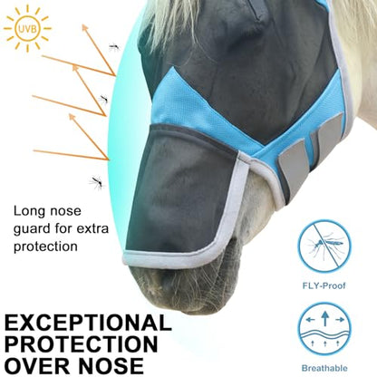 Horse Fly Mask with Ears & Long Nose, Fine Mesh Pale Blue Full - color: Pale Blue, size: Full