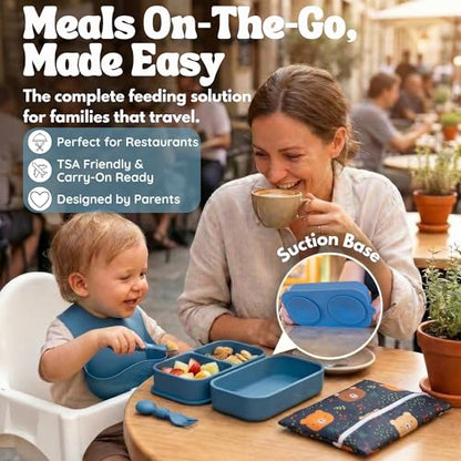 Baby Travel Feeding Set with Silicone Suction Plates, Dark Blue Small - color: Dark Blue
