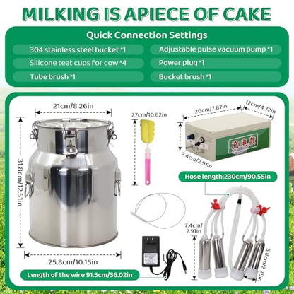Cow Milking Machine 14L Stainless Steel Bucket Rechargeable Battery Powered 4 Teat Cups for Cows and Goats, Electric Pulsation Portable Milker (4 Stainless Steel Milking Cups Liners)