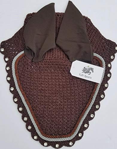 Horse Fly Bonnet with Ears Net Mask Veil with Crystals Blings Hand Made Breathable Cotton Crochet Shows Protect from Bugs and Flies (Full, Black)