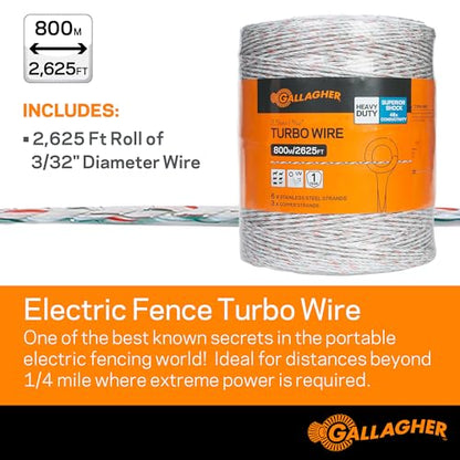 Gallagher Turbo Wire 9-Strand Electric Fence Wire | 40x Conductivity for Long Distance Fencing | UV and Rust Resistant | Stainless Steel Copper Conductors | 2625ft Roll | Heavy Duty Reusable Polywire