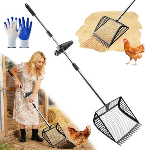 Chicken Poop Scooper, 2-in-1 Rake & Sifter, 24-68in Extendable Stainless Steel Handle with 12" Wide Metal Shovel Head, Poultry Litter Cleaner for Chicken Coop and Goat Stall