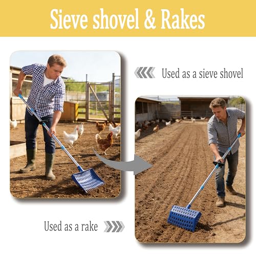 XCL Chicken Poop Scooper & Rake 2-in-1, Large 20 inch Metal Chicken Poop Scooper Head, with Adjustable Handle(39-67inch), Sifting Shovel for Sand and Bedding, Chicken Coops Cleaning Tools (Blue) - color: Blue