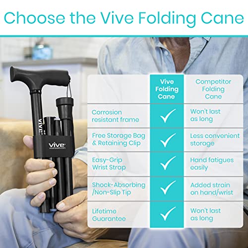 Vive Folding Cane - Foldable Walking Cane for Men, Women - Fold-up, Collapsible, Lightweight, Adjustable, Portable Hand Walking Stick - Balancing Mobility Aid - Sleek, Comfortable - color: Black