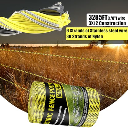 NQN Upgrade Electric Fence Polywire 660FT,200 Meters, 6 Stainless Steel Strands for Reliable Conductivity, Portable Electric Fencing, UV Resistant, Rust Resistant, Highly Conductive, Easy to Install - size: 660 Feet