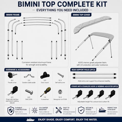 MSC 3 Bow 4 Bow Bimini Top Boat Cover,Waterproof Solution Dyed Polyester Made,2 Support Poles& 4 Adjustable Straps Included - color: Grey
