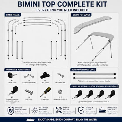 MSC 3 Bow 4 Bow Bimini Top Boat Cover,Waterproof Solution Dyed Polyester Made,2 Support Poles& 4 Adjustable Straps Included - color: Grey