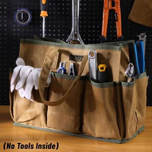 16OZ Waxed Canvas Tool Tote Bag | Large-Capacity Tool Storage Tote with 10 External Pockets | Multi-Purpose Garden Tool Carrier for Gardening, Wrench, and Carpentry Tools – Khaki - color: Khaki