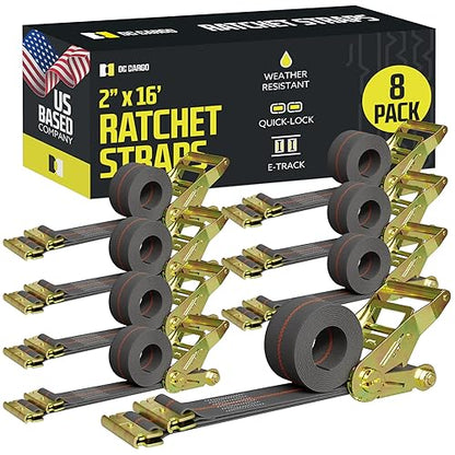 DC Cargo Mall E Track Ratchet Straps Cargo Tie-Downs, (Pack of 8) 2 x 16 Heavy Duty Grey Tie-Down Rachet Straps, Strong Ratchet Strap, E Track Spring Fittings, Tie Down Motorcycle - size: 8 - Pack