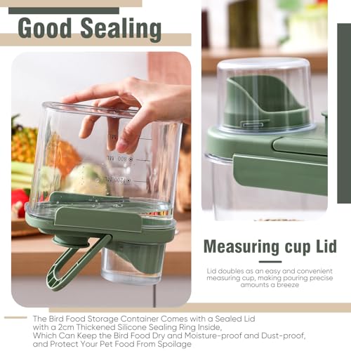Maxdot 2 Pcs Bird Seed Storage Container 1.7 Qt/1.6 L with Tight Lids Airtight Cup Pet Food Storage Measuring Containers Lids with Pouring Spouts for Macaws African Grey Cockatoos(Green)