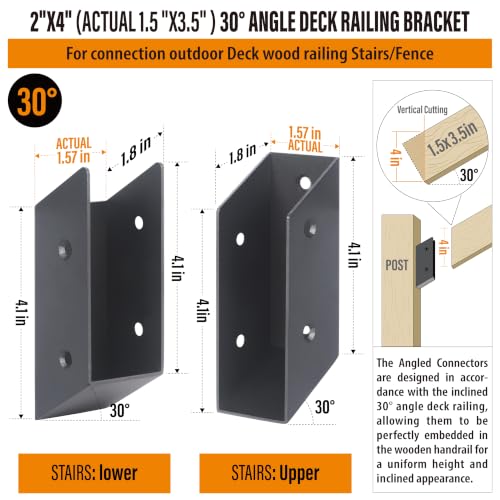 30° Stair Stainless Steel Deck Railing Brackets Connectors for 2"x4" (Actual 1.5"x3.5") Railing Wood Post (4 Pair) - size: Angle 30°