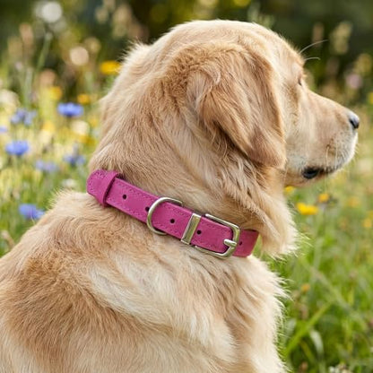 OOPSDOGGY Rolled Leather Dog Collar Reflective – Genuine Leather Round Dog Collar for Small Medium Large Dogs (Fuchsia, 20" – 24") - color: Fuchsia, size: 20" – 24"