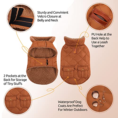 Queenmore Warm Puffer Dog Jacket Thick Plush Lining Winter Small Dog Coat - color: Brown, size: Small