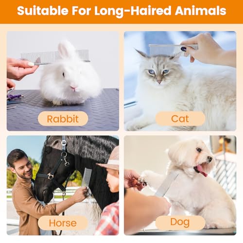 PETTOM 2Pcs Stainless Steel Dog Comb, Round Tooth Cat Comb with 2 Tooth Widths, Metal Combs for Removing Knots and Tangles, Grooming Tool for Long and Short Hair Pets, 7.5 IN Silver - style: Comb C